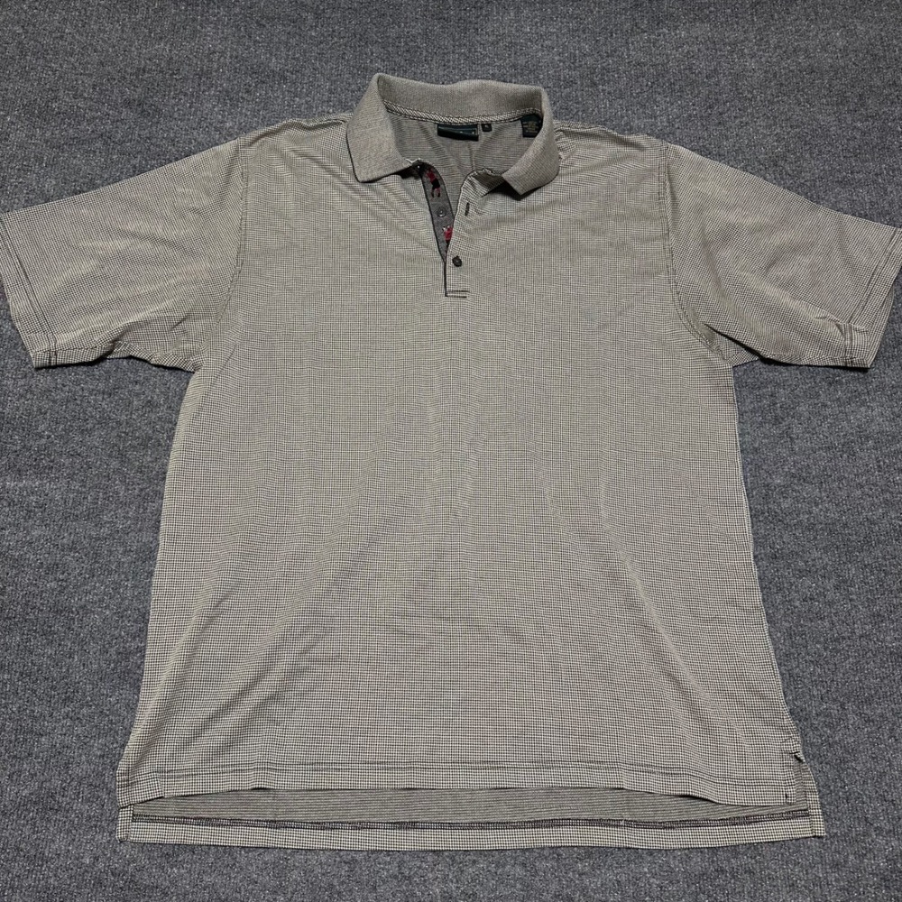 Bobby Jones Mens XL Polo Shirt‎ Tan Black Micro Houndstooth Cotton Golf